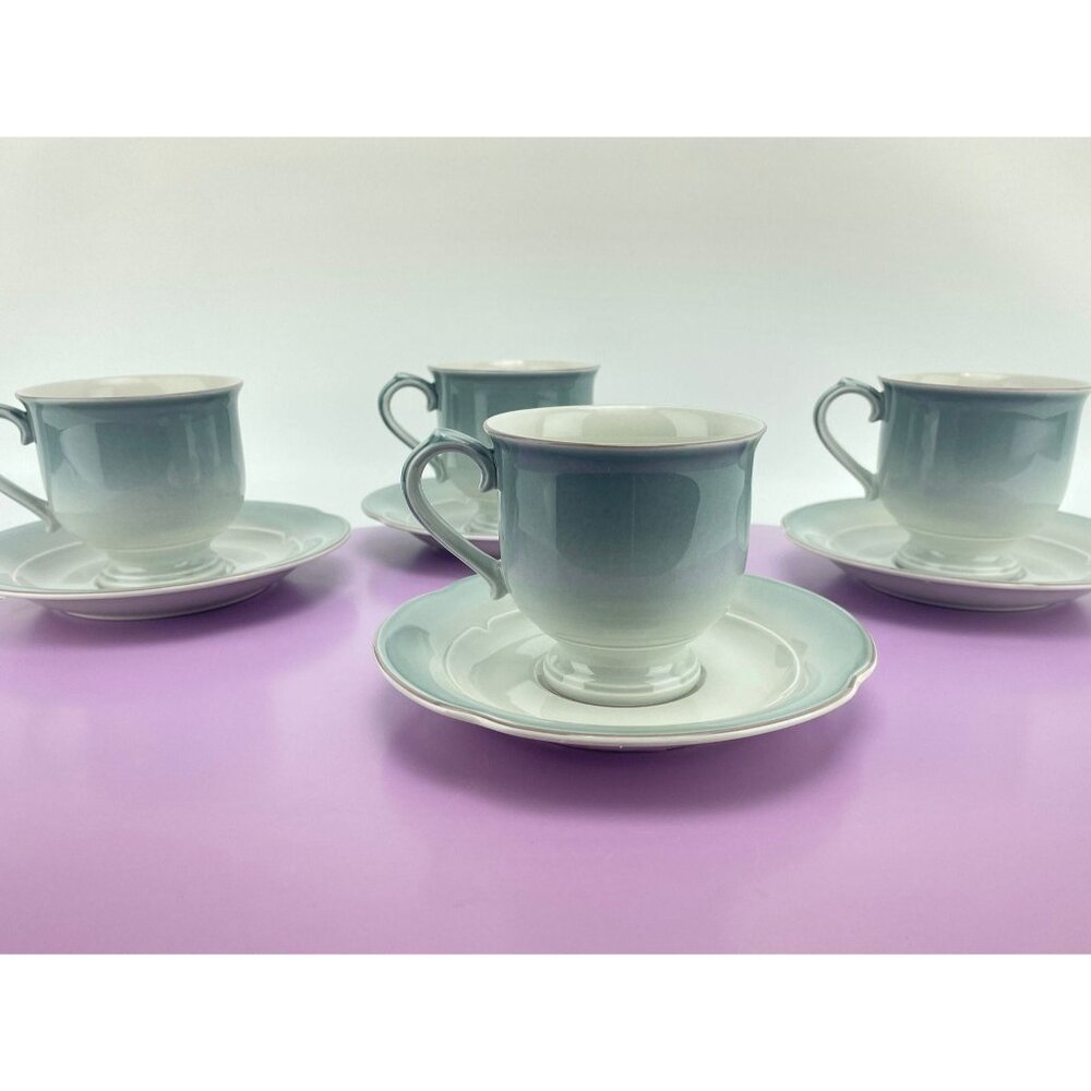 Vintage Mikasa cups & saucers set, Stone Lustre blue DL 500, coffee for 2